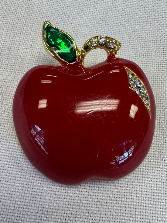 Jewelry - Red Apple Enamel Rhinestone Brooch Gold Tone Vintage